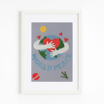 Hand-Embroidered “World Peace Heart” Art – Embracing the Globe with Love | Original & Fine Art Print Available