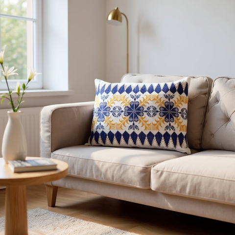 Sun and Sky Stitch Pillow – Handcrafted by Refugee Mothers | Supports Education with Alsama Project