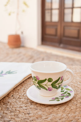 Handmade Olive Branch Tea Cup & Saucer | Palestinian Pottery Set