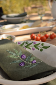 Hand-Embroidered Tatreez Olive Branch Linen Napkin | Palestinian Heritage Textile