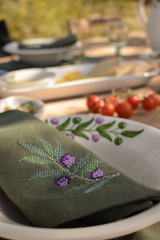Hand-Embroidered Tatreez Olive Branch Linen Napkin | Palestinian Heritage Textile