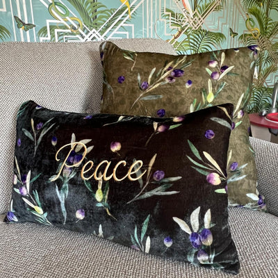 Peace Velvet Pillow – Olive Print (12 x 20 in / 30 x 50 cm)