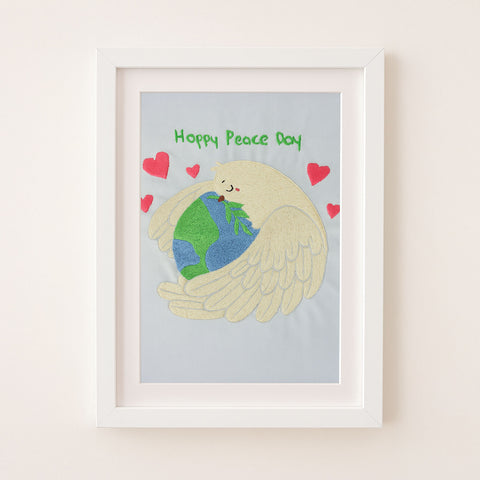 Hand-Embroidered “Happy Peace Day Dove” Art – Embracing the World with Love | Original & Fine Art Print Available