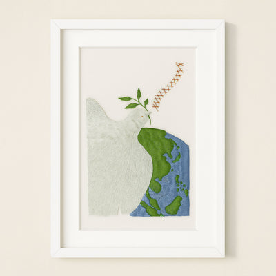 Framed artwork with a dove, olive brand and earth