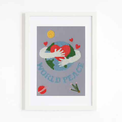 Hand-Embroidered “World Peace Heart” Art – Embracing the Globe with Love | Original & Fine Art Print Available