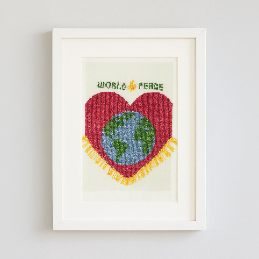 “World Peace Heart” Hand-Embroidered Art - Original & Fine Art Print Available | Earth in a Heart of Hope - Love Welcomes