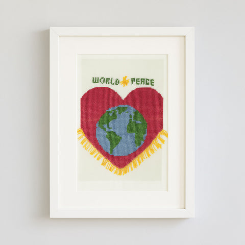 “World Peace Heart” Hand-Embroidered Art - Original & Fine Art Print Available | Earth in a Heart of Hope