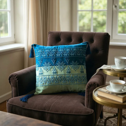 Blue Hope Silk Pillow – Handcrafted by Refugee Mothers | Supports Education with Alsama Project