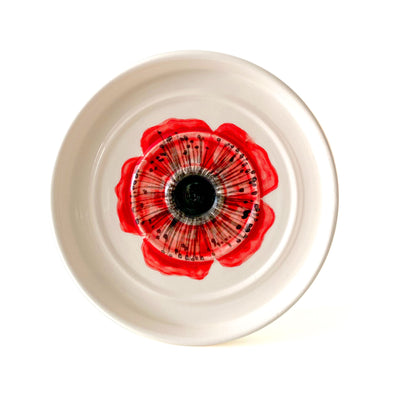 Ceramic soap dish, made in Bethlehem, featuring the Palestinian poppy in red.