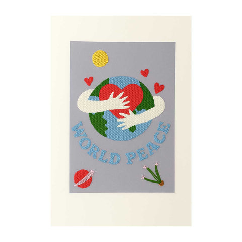 Hand-Embroidered “World Peace Heart” Art – Embracing the Globe with Love | Original & Fine Art Print Available