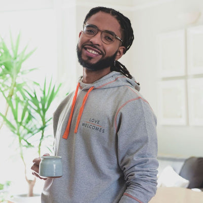 Love Welcomes Grey Marl Unisex Hood - Love Welcomes